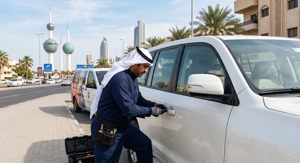 فني متخصص يقوم بفتح أبواب السيارات المغلقة بأمان ضمن خدمات فتح سيارات مقفلة القادسية بالكويت