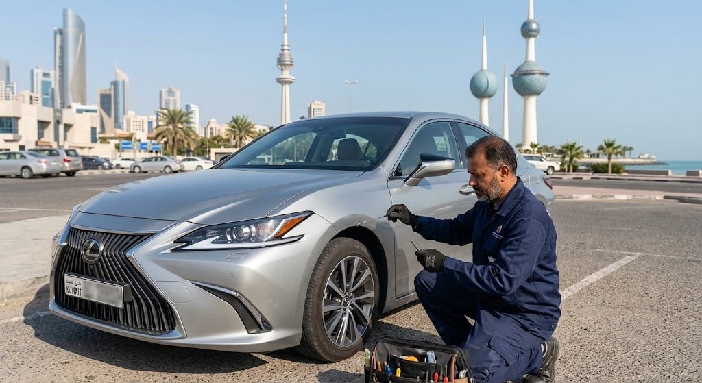 فني متخصص يقوم بفتح أقفال السيارات المغلقة بأمان ضمن خدمات فتح سيارات مقفلة كيفان بالكويت