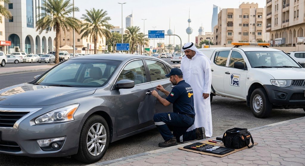 فني متخصص يقوم بفتح أبواب السيارات المغلقة بأمان ضمن خدمات فتح سيارات مقفلة اليرموك بالكويت