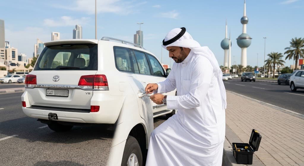فني متخصص يقوم بفتح أقفال السيارات المغلقة باحترافية وأمان ضمن خدمات فتح سيارات مقفلة المهبوله بالكويت