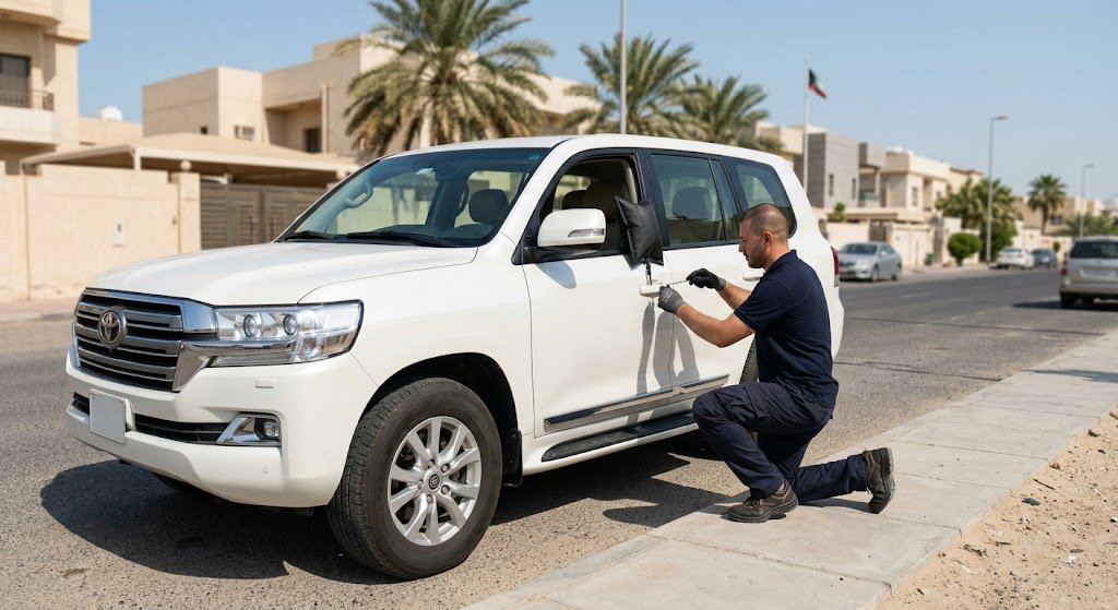 فني متخصص يقوم بفتح أقفال السيارات بأمان ضمن خدمات فتح سيارات مقفلة السره بالكويت